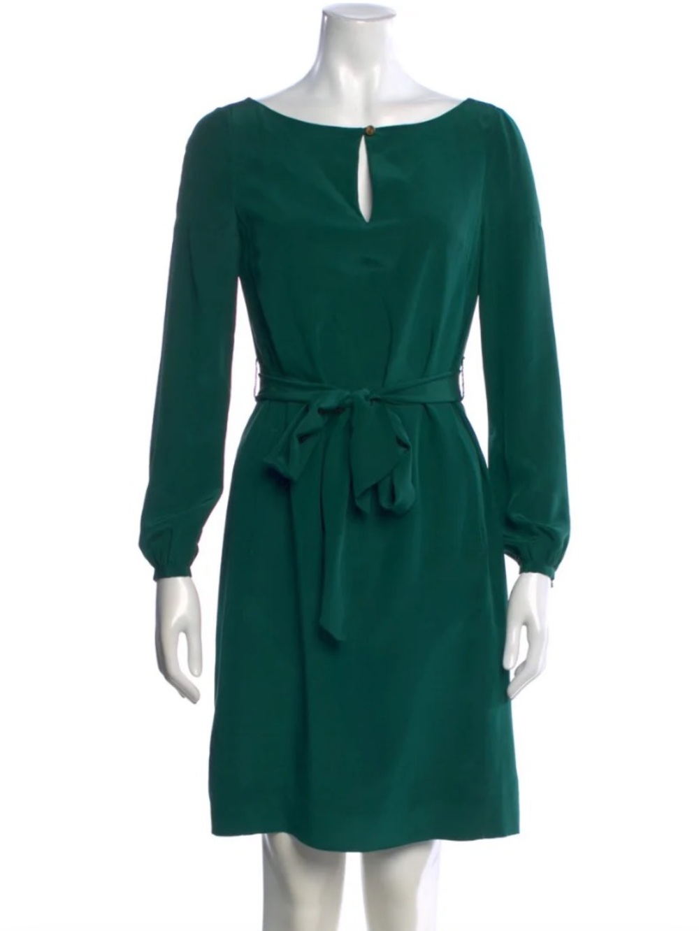 Tory Butch 100% silk Forest Green Long Sleeve Tie-Waist Dress/pockets